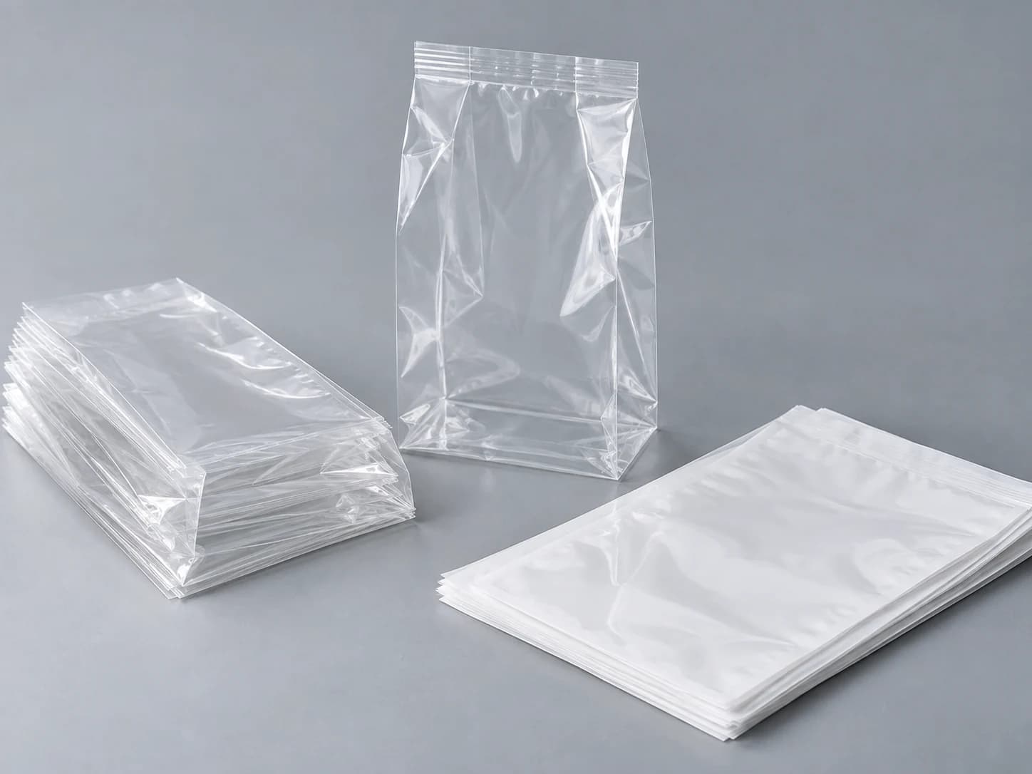 Stacks of clear polyethylene bags and a gusseted bag