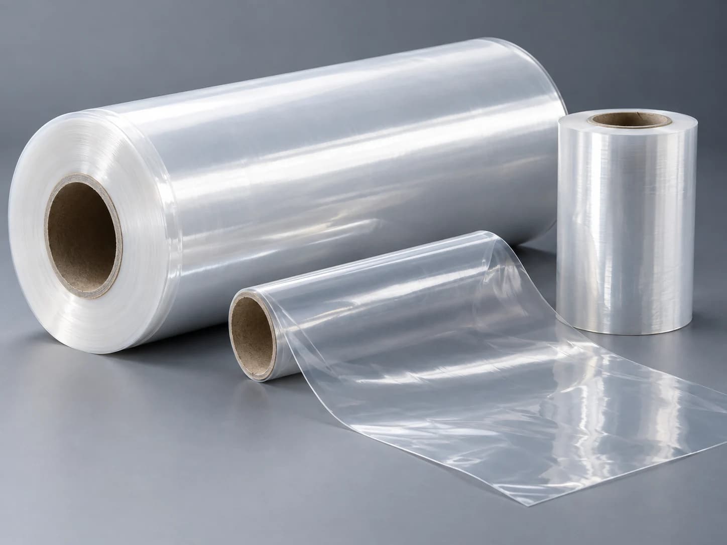 Rolls of clear polyethylene film on cardboard cores