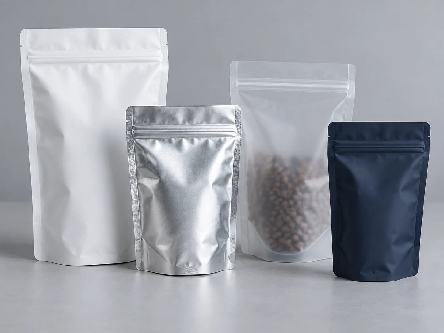 Stand-up zipper pouches in white, silver, frosted clear and navy